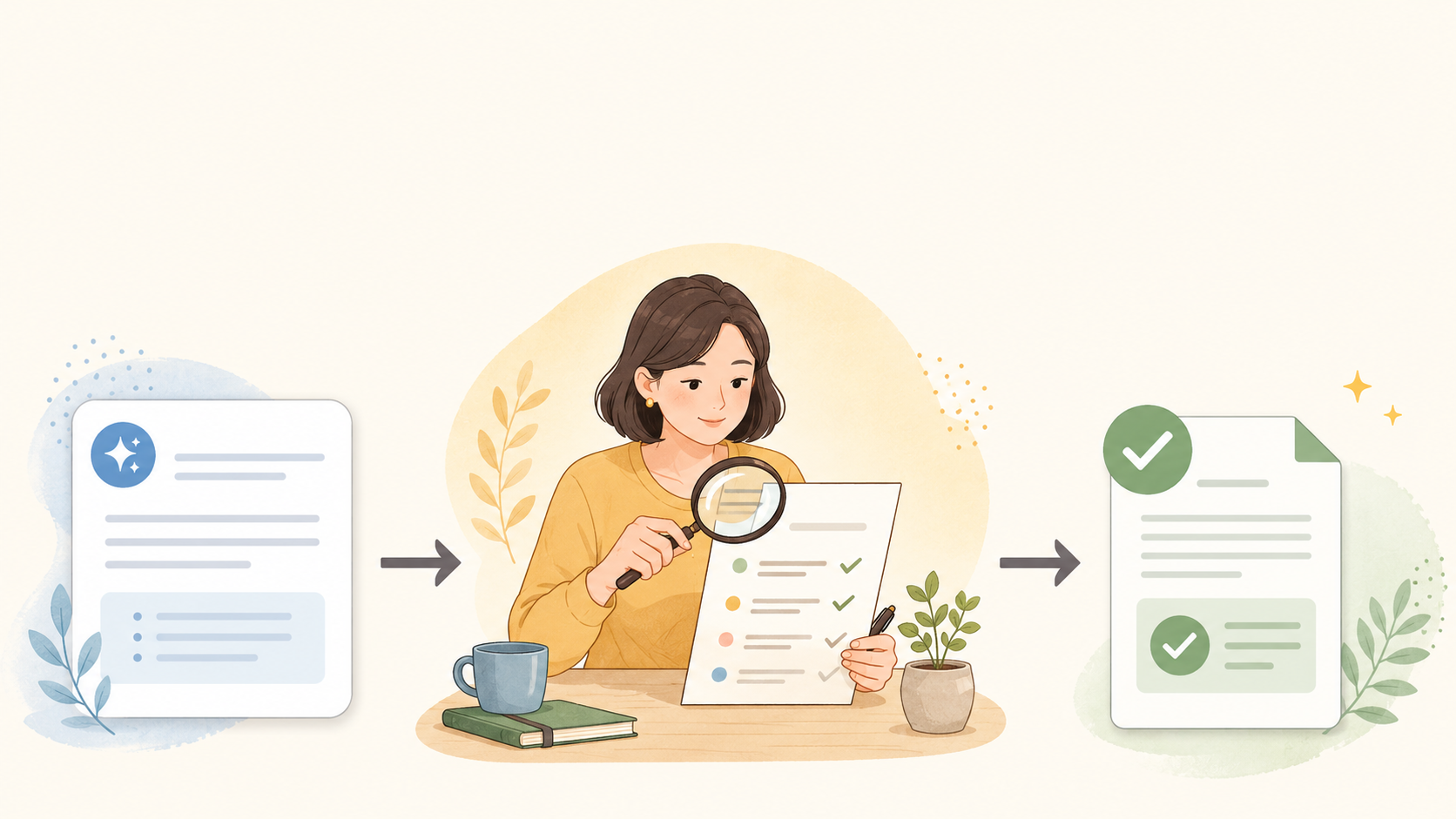 人が虫めがねで下書きを確認し、最後に承認する様子