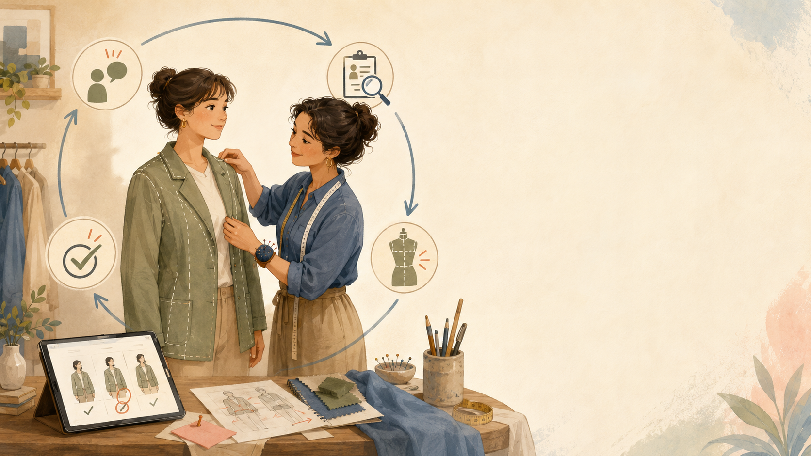 仕立て屋が客に合わせて服を調整する、くり返しの循環図